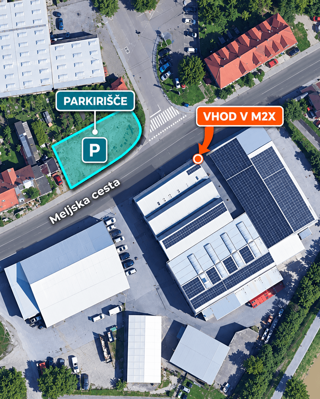 Lokacija M2X Cluba na Meljski cesti 86: označen vhod v klub in parkirišče čez cesto.